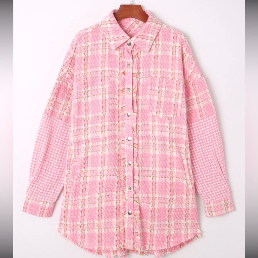 🍁”Tweed Me Alone” Pink Plaid Craft Distressed Houndstooth - Picture 4 of 16